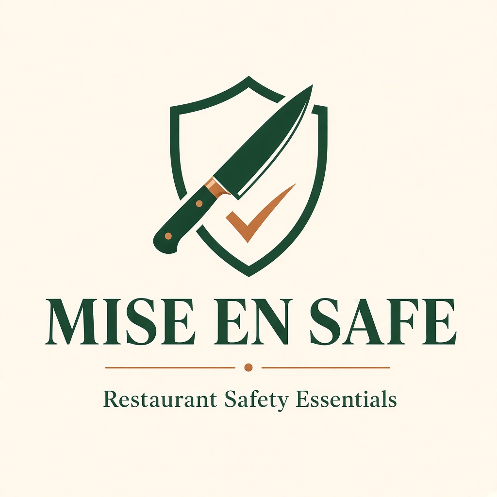 Mise en Safe logo: a chef's knife crossing a green shield with a copper check mark, above the words Restaurant Safety Essentials